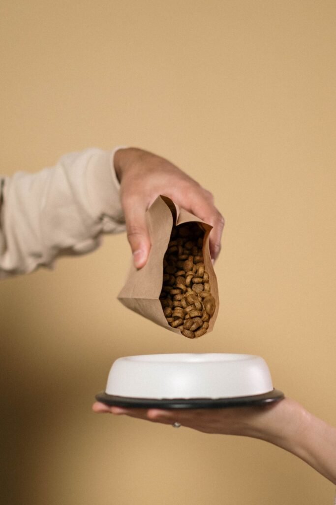 Hand pouring dog food from its original bag into a bowl